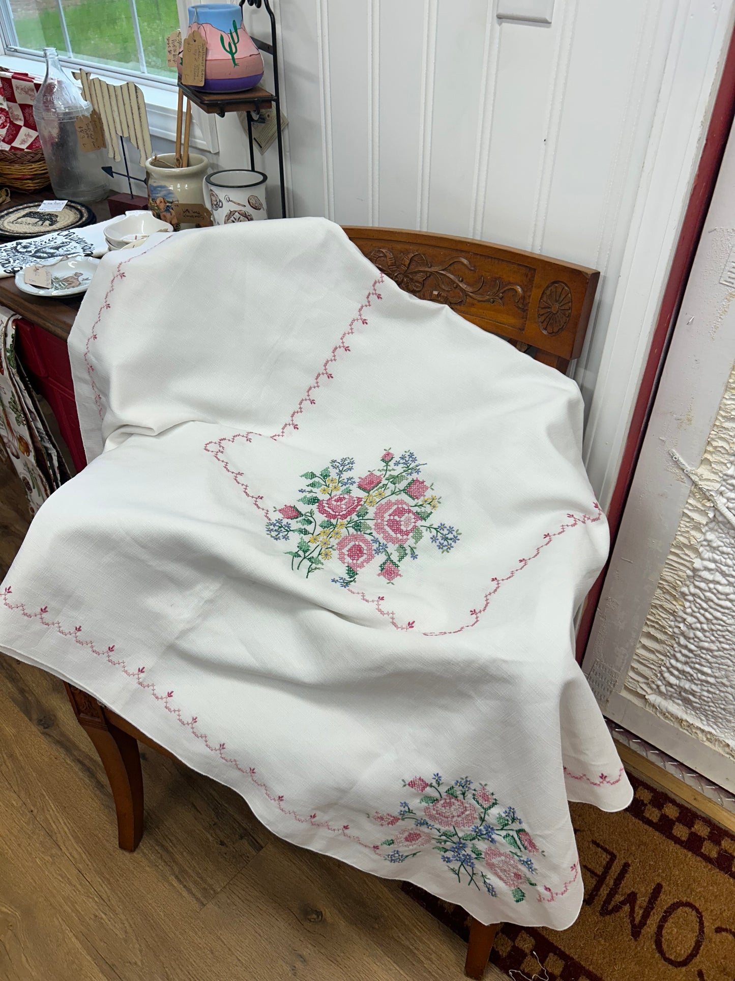Cross Stitch Table Cloth - 70x51 - All Four Corners Have Florals
