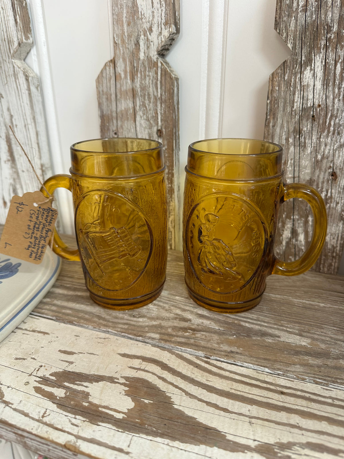 Vintage Anchor Hocking Amber Glass Bicentennial Beer Mugs - Set Of 2 - Betsy Ross & First American Flag
