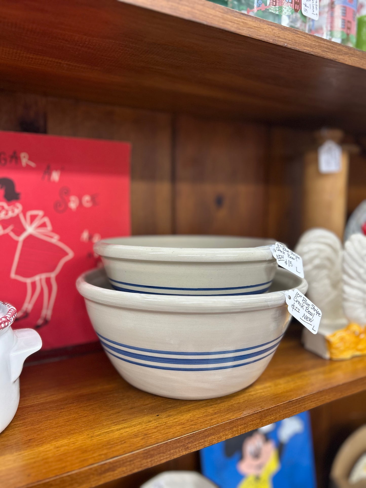 10" & 8" Blue Stripe Crock Bowls - NEW