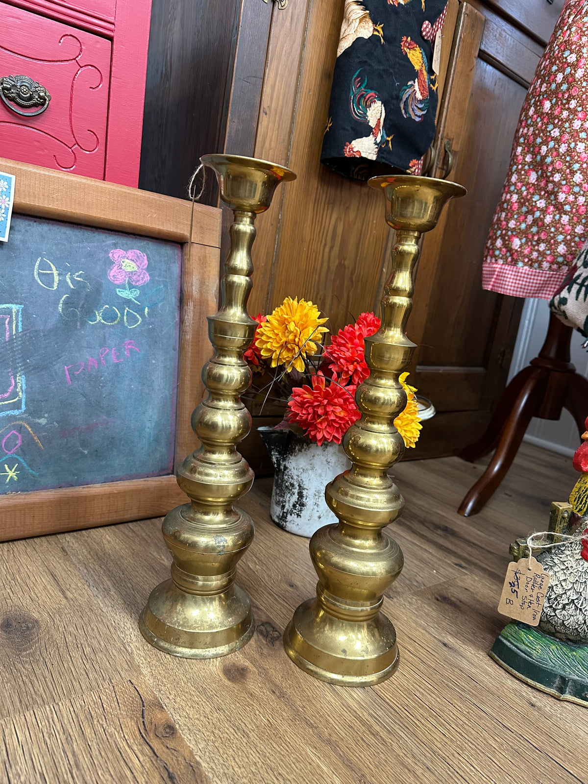 Vintage HOMCO Brass Candlesticks W/ Patina Set - 18” Tall - Local Pickup Only