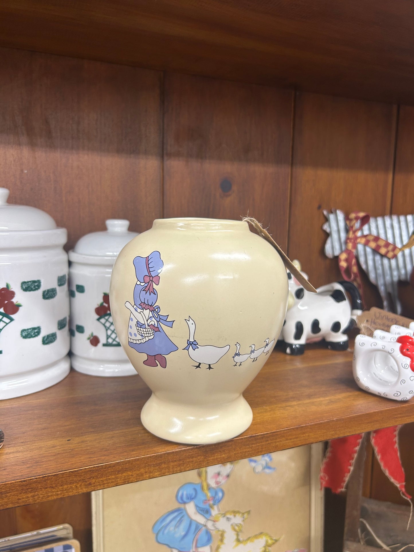 Vintage Prairie Girl Blue Bowed Geese Vase