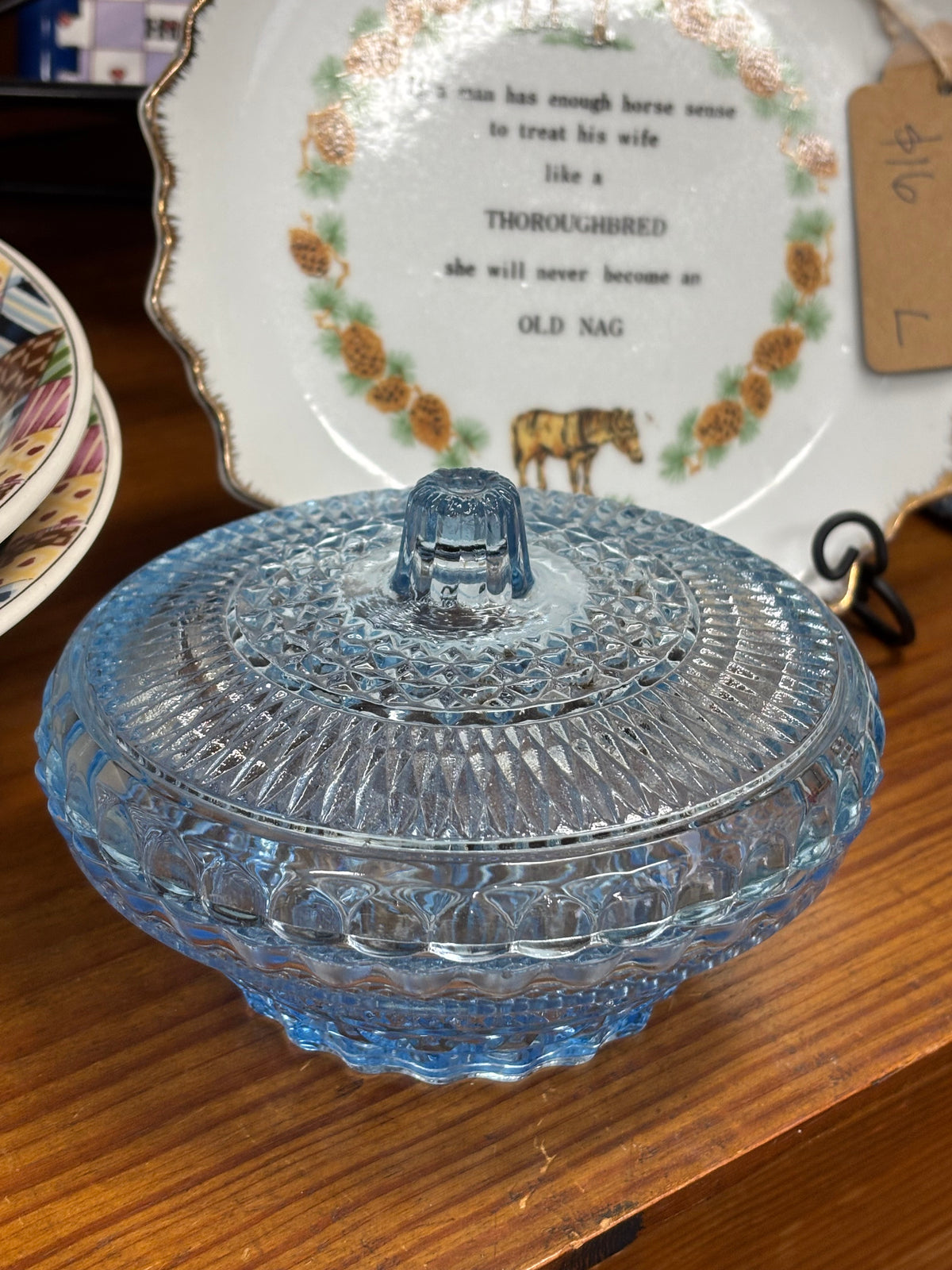 Indiana Glass “Ice Blue” Starburst Button & Cane Candy Dish