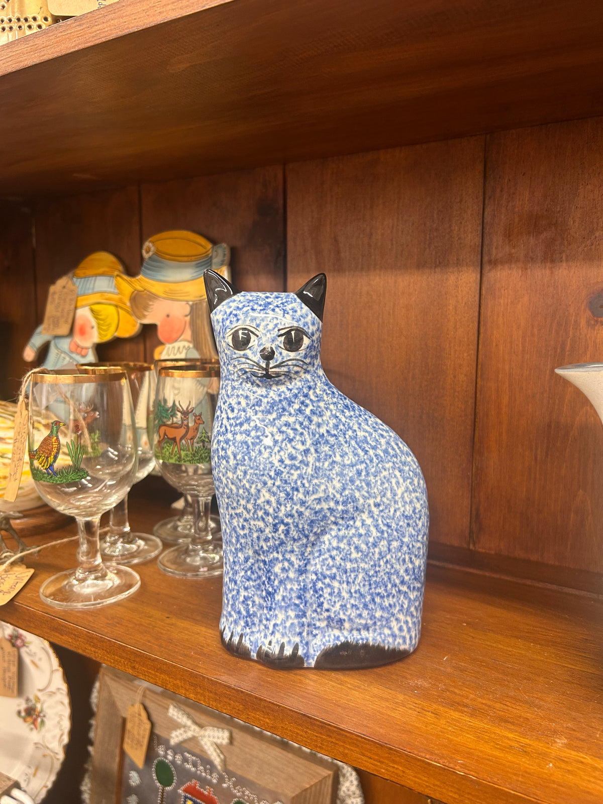 Vintage Blue Spongeware Ceramic Cat