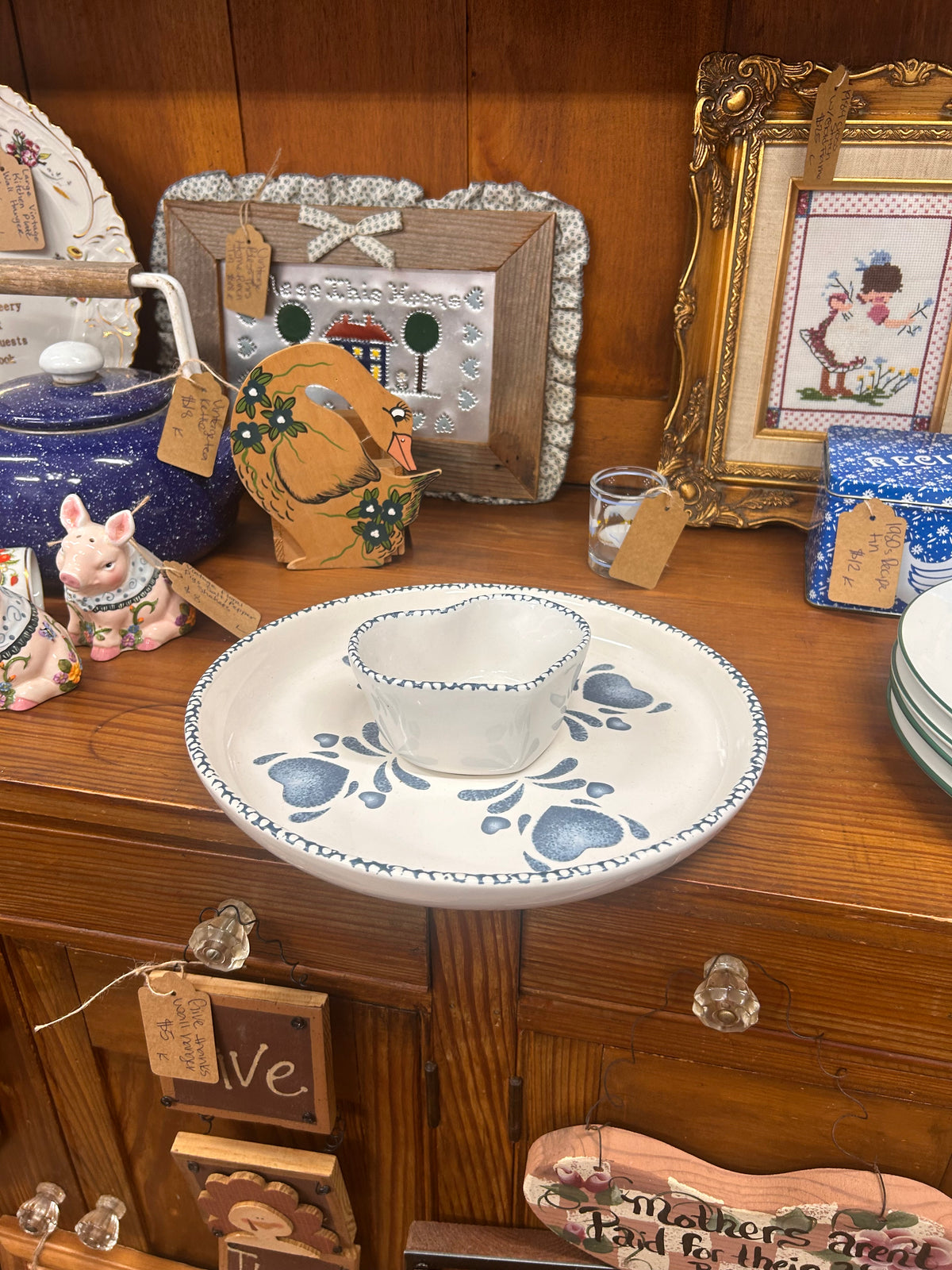 Vintage Spongeware Blue Heart Chip & Dip Set