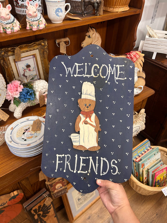 Vintage Wooden Welcome Friends Bear Sign