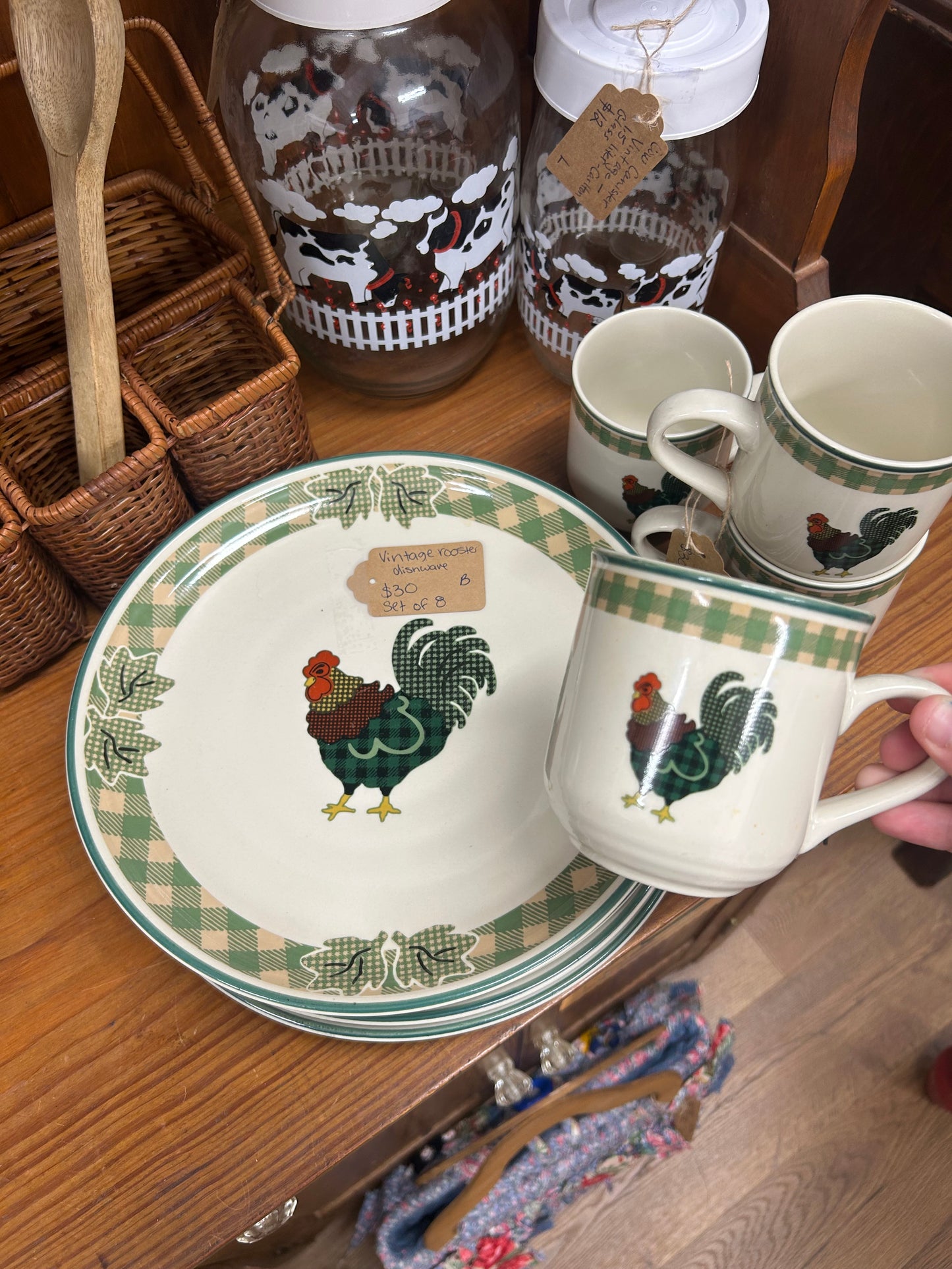 Vintage Rooster Dishware - Set Of 4 Dinner Plates & Set Of 4 Cups