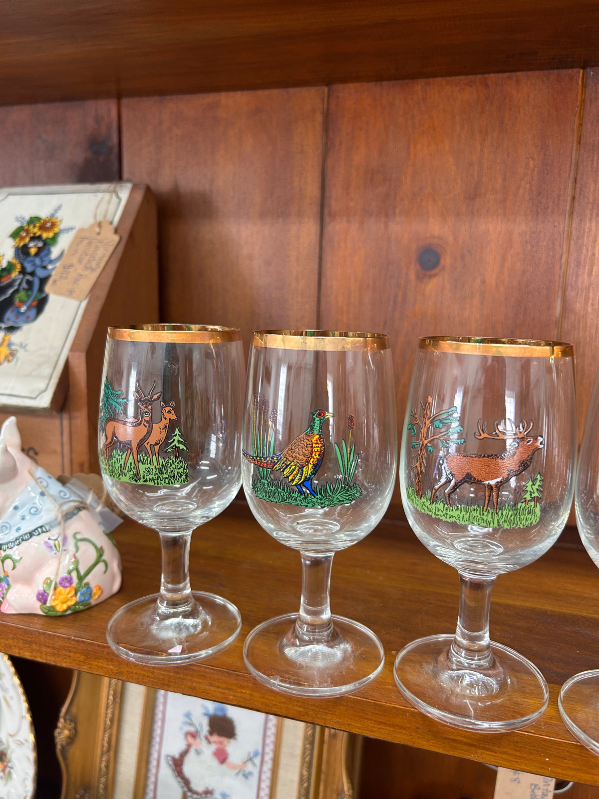 Vintage Hunting Themed Stem Glasses - Set Of 5