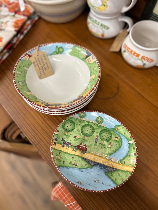 1995 Sango Green Acres Saucer Plates & Soup Bowls Set - 4 saucers & 4 bowls