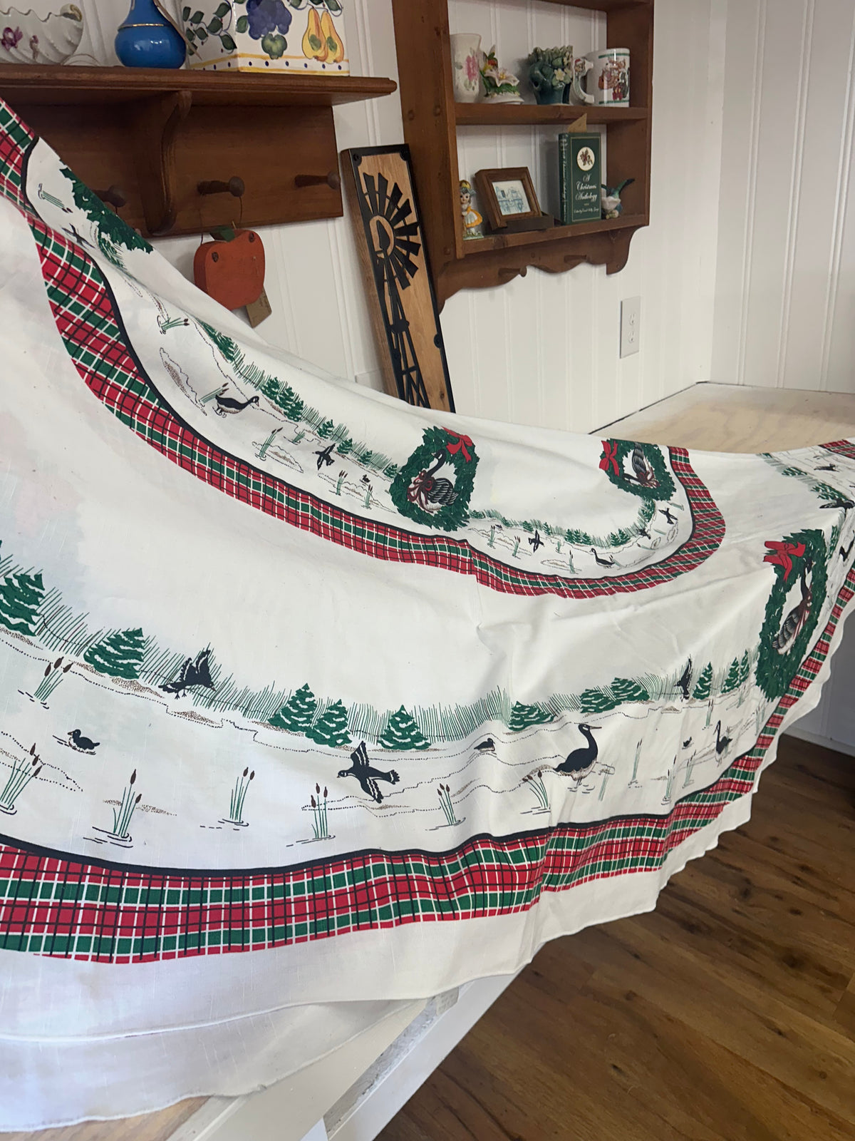 Vintage Christmas Goose Tablecloth - Approx 80 Inches Long