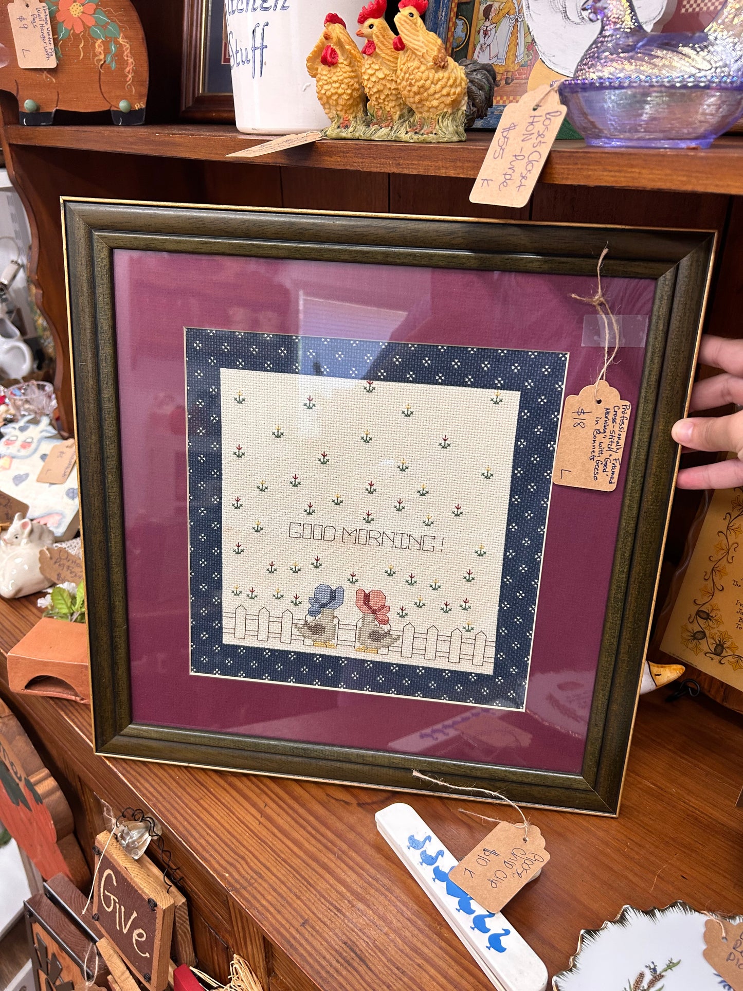 Vintage Professionally Frame Cross-Stitch With Geese In Bonnets