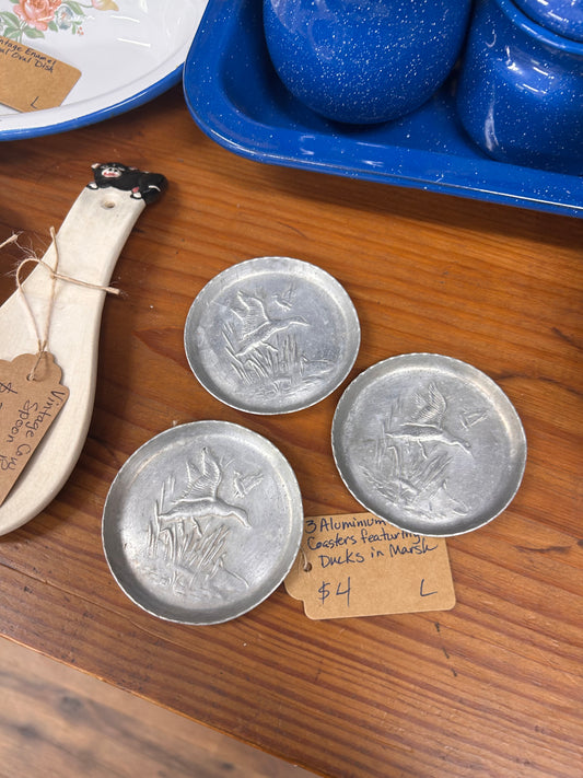 3 Aluminum Coasters W/ Ducks In Marsh