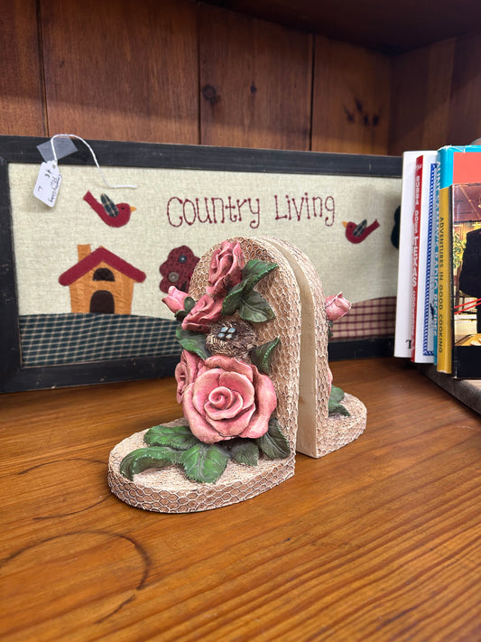 Vintage Pink Ceramic Roses & Birds Nest Bookends
