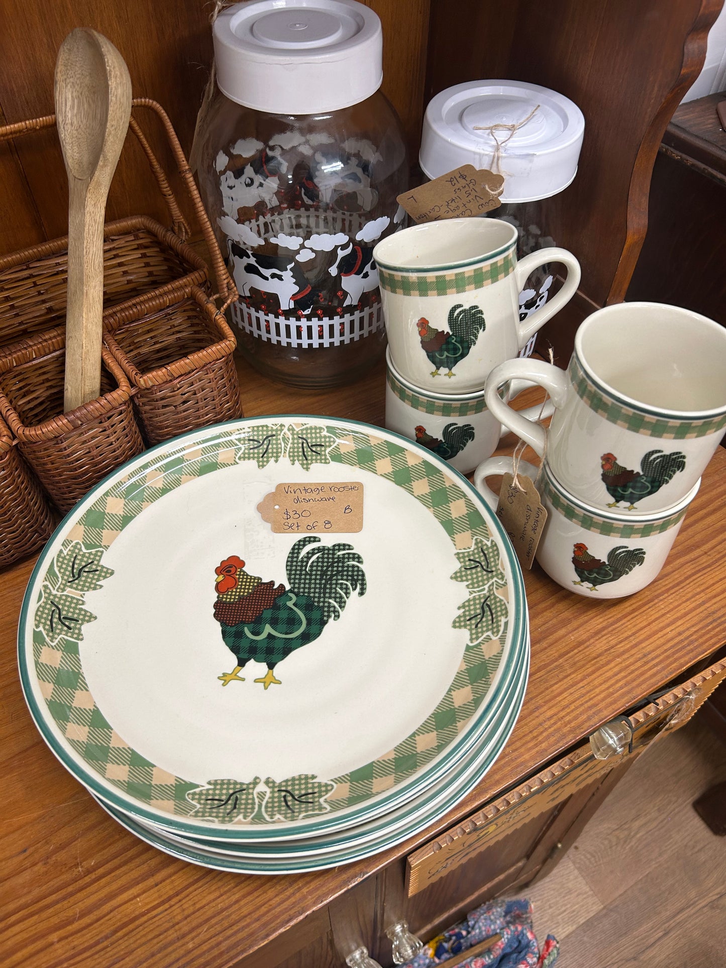 Vintage Rooster Dishware - Set Of 4 Dinner Plates & Set Of 4 Cups