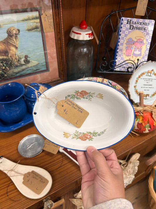 Vintage Enamel Floral Oval Dish