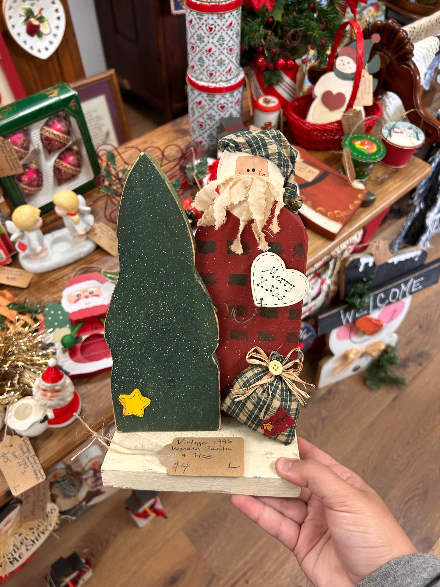 Vintage Wooden 1996 Wooden Santa & Tree