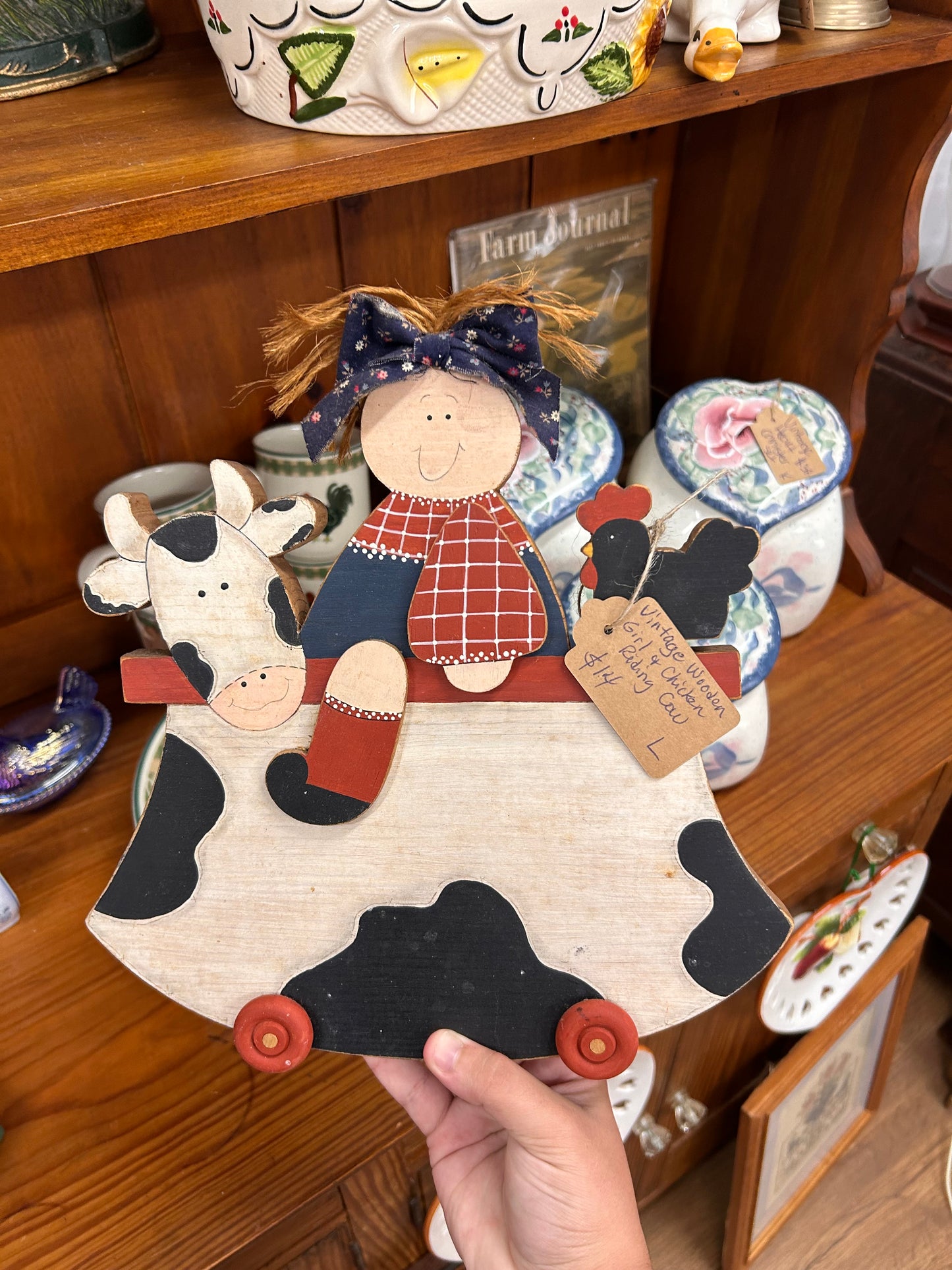 Vintage Wooden Girl & Chicken Riding Cow
