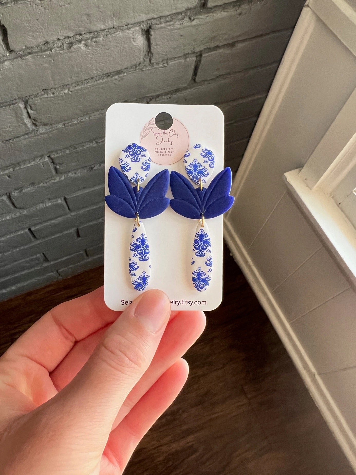 Clay Blue/White Floral Earrings