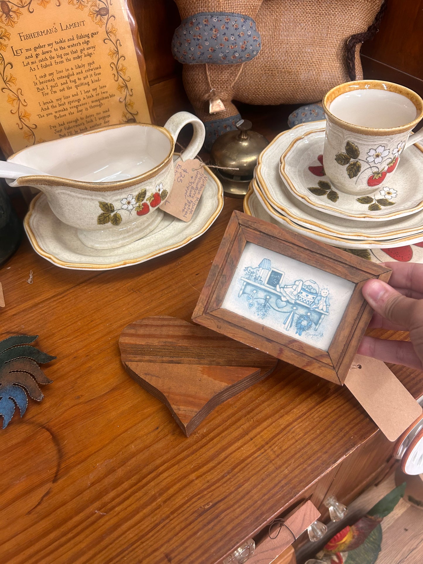 Blue/White Items On Heart Shelf Wooden Frame With Heart Stand