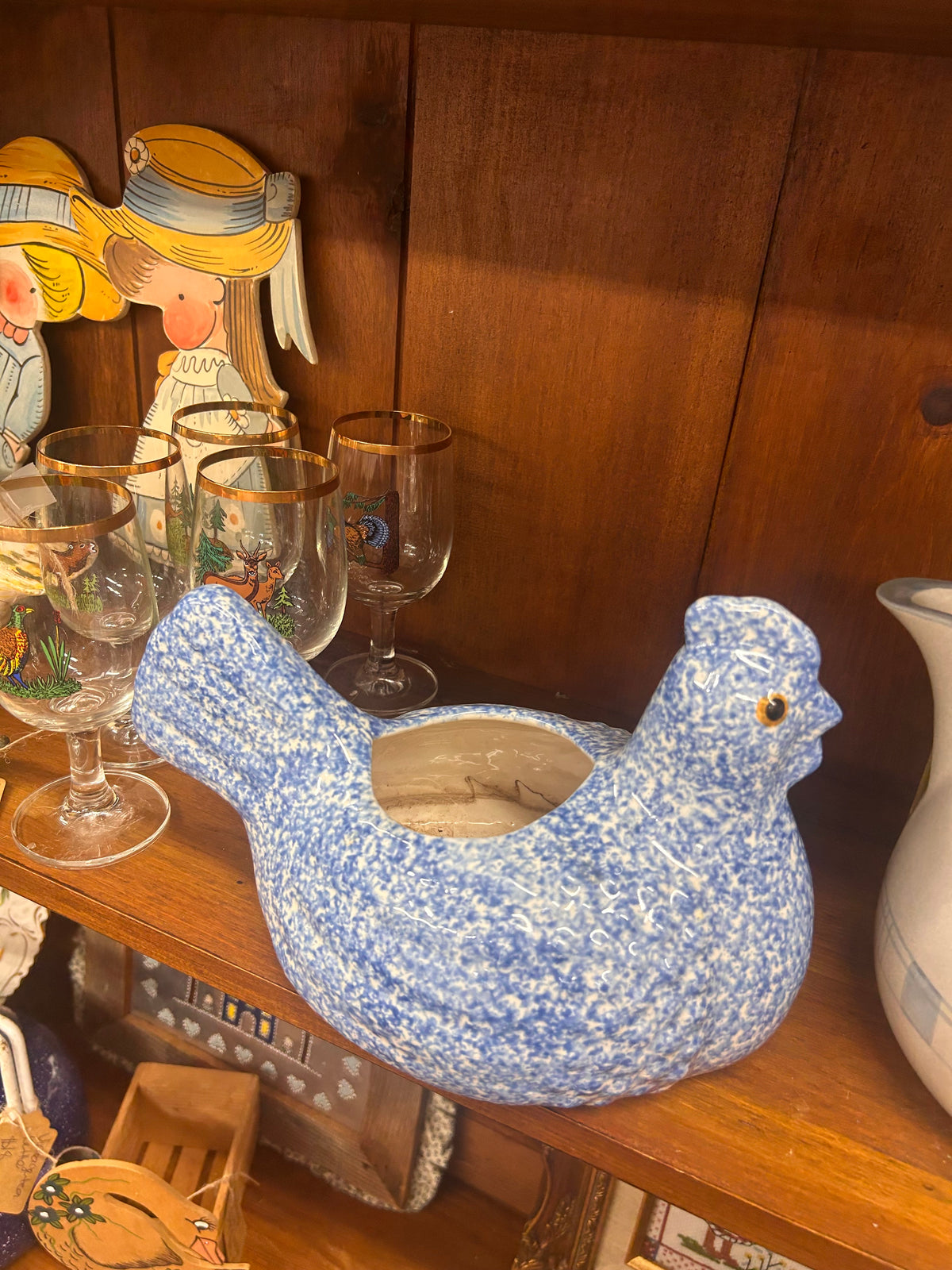 Vintage Blue Spongeware Chicken Planter
