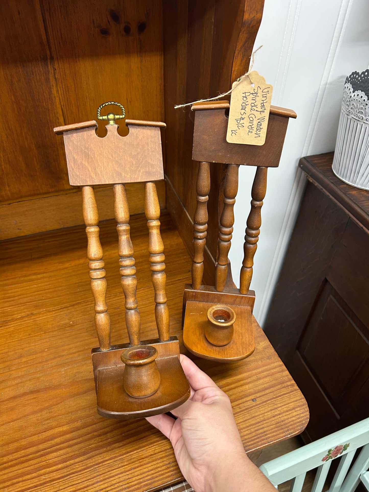 Vintage Wooden Spindle Candle Holders - Set Of 2