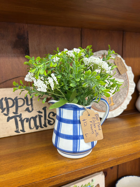 Blue Plaid Pitcher With Flowers