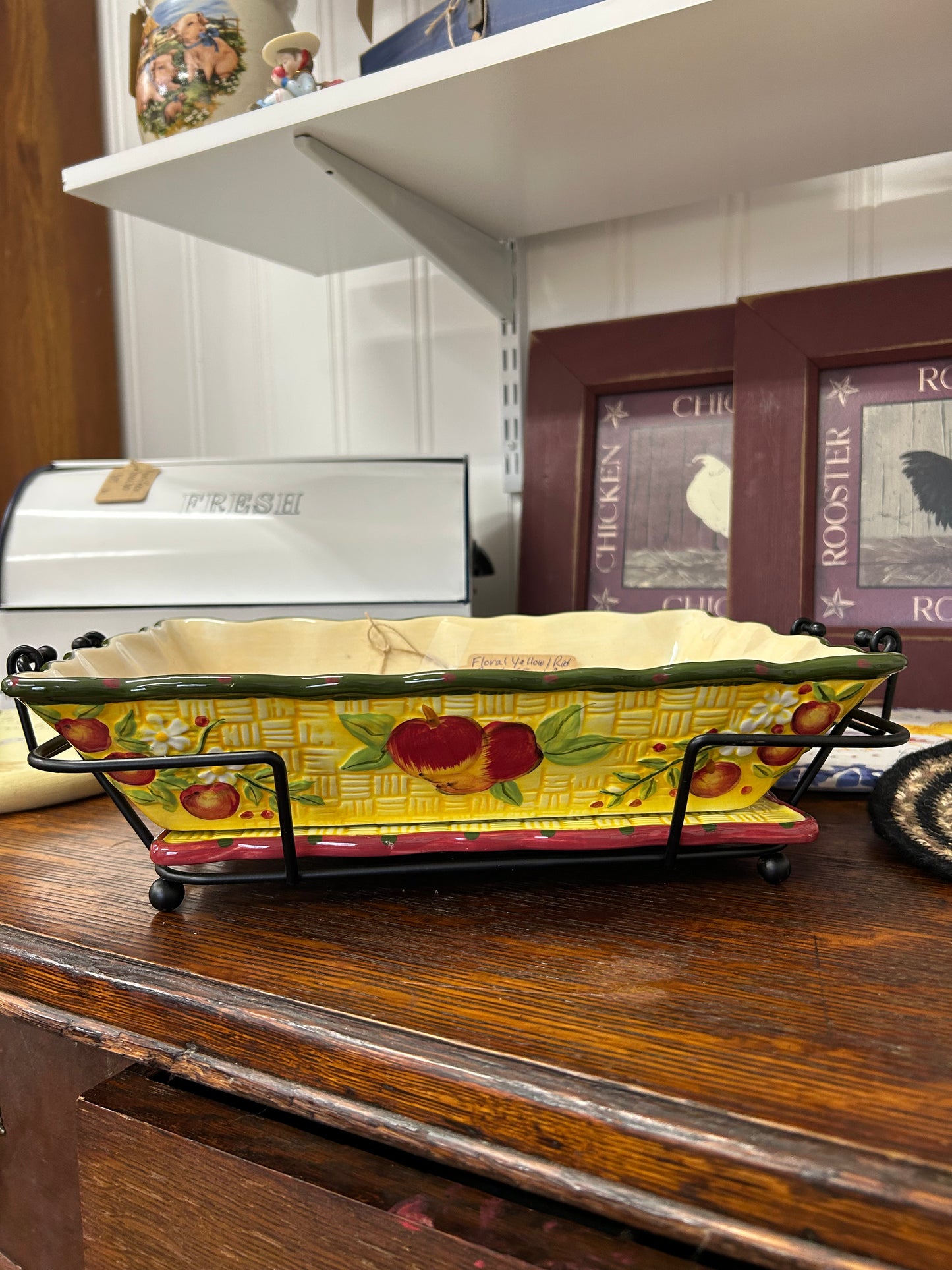 Floral Apple Rectangle Temptations Dish With Trivet & Holder