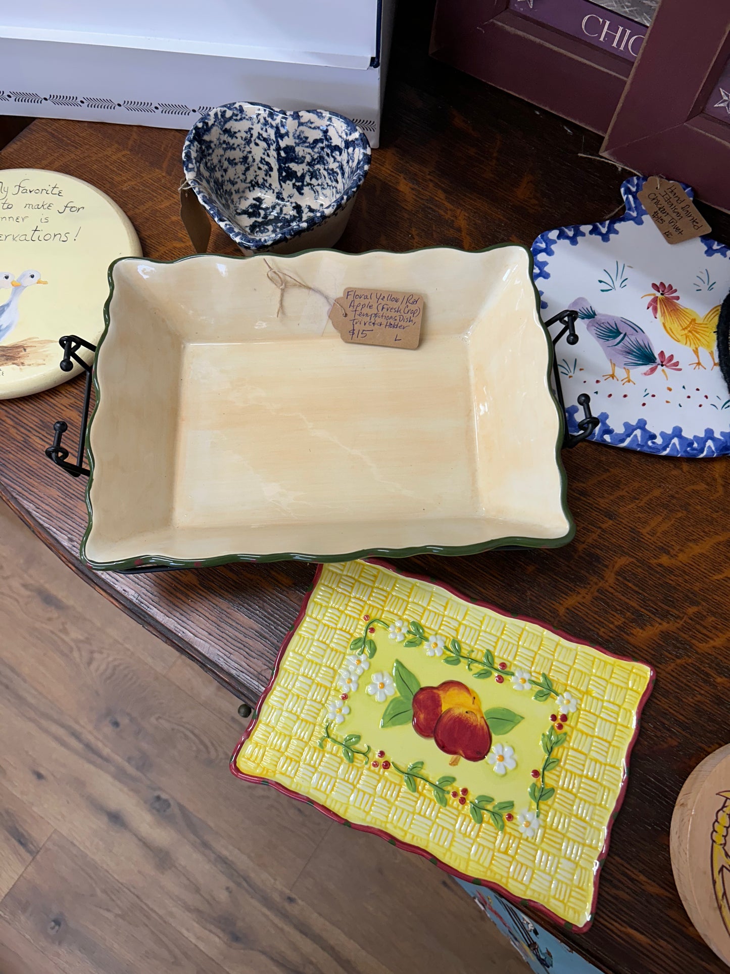 Floral Apple Rectangle Temptations Dish With Trivet & Holder