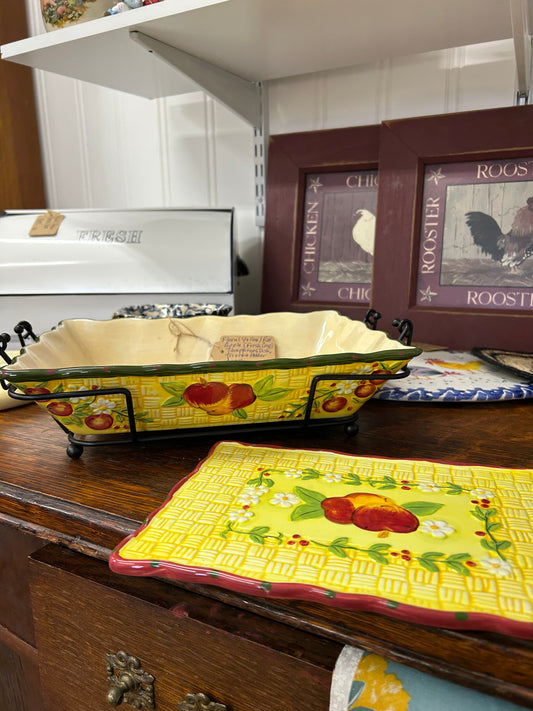 Floral Apple Rectangle Temptations Dish With Trivet & Holder