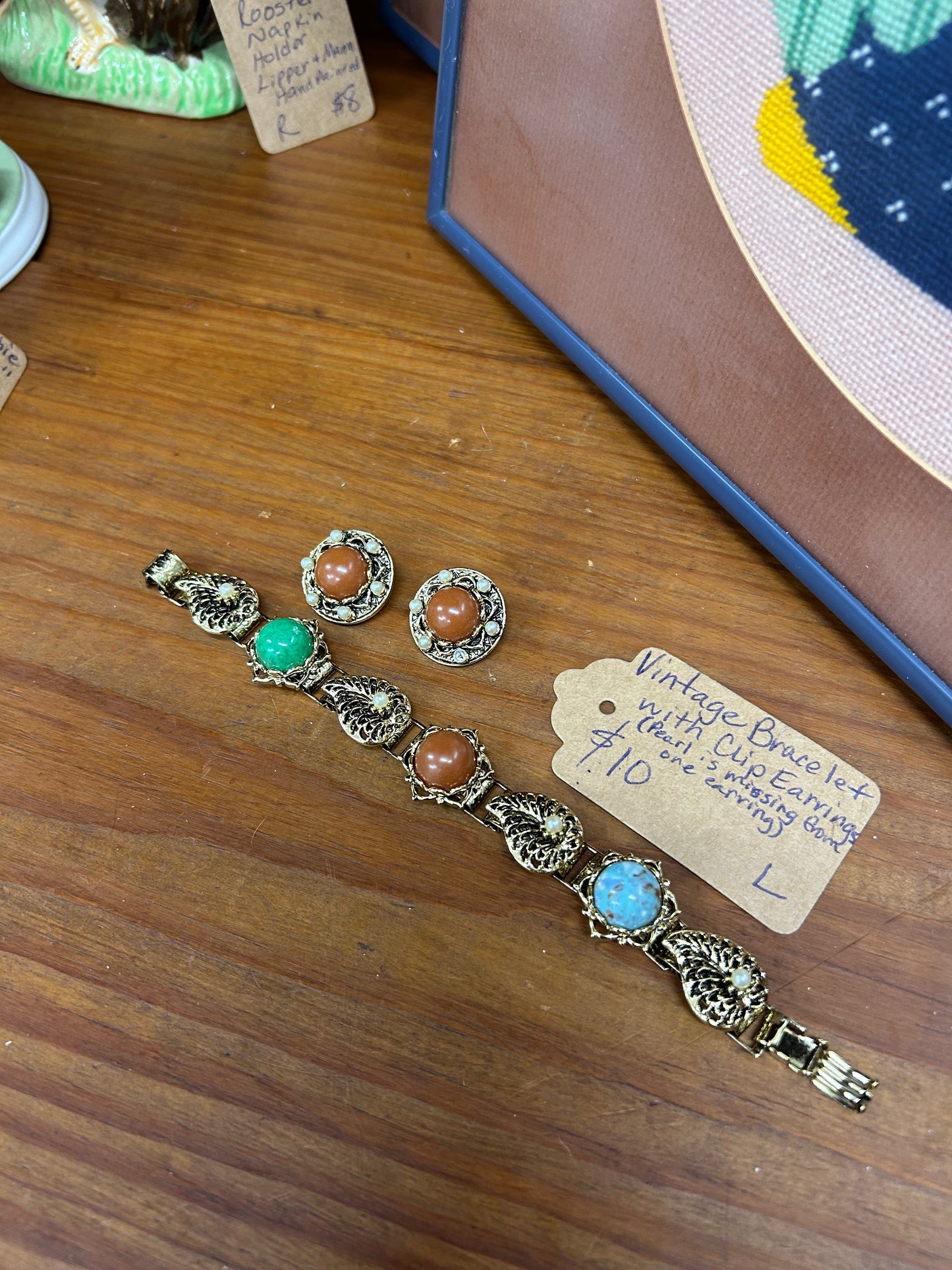 Vintage Bracelets With Clip Earrings - Pearl Missing On One Earring