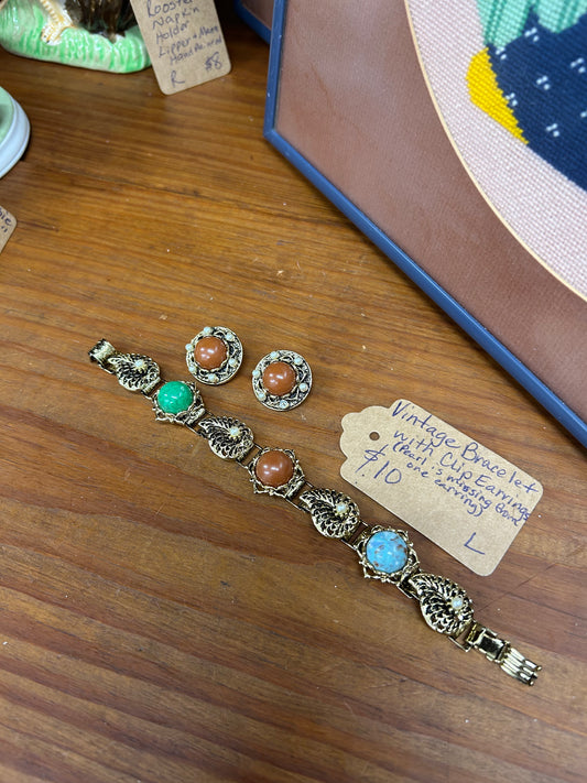 Vintage Bracelets With Clip Earrings - Pearl Missing On One Earring