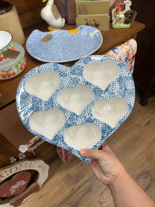 Vintage Style Blue Spongeware Heart Muffin Pan