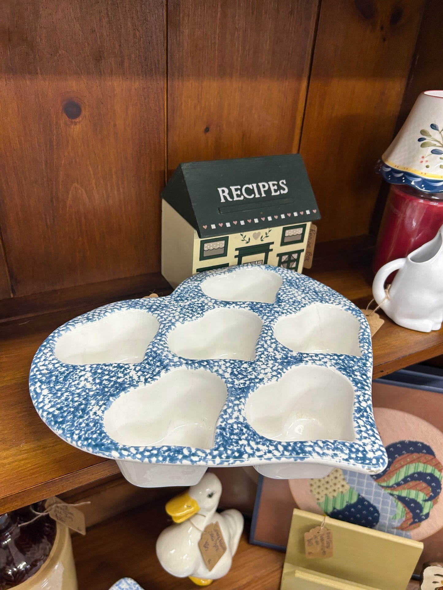 Vintage Style Blue Spongeware Heart Muffin Pan