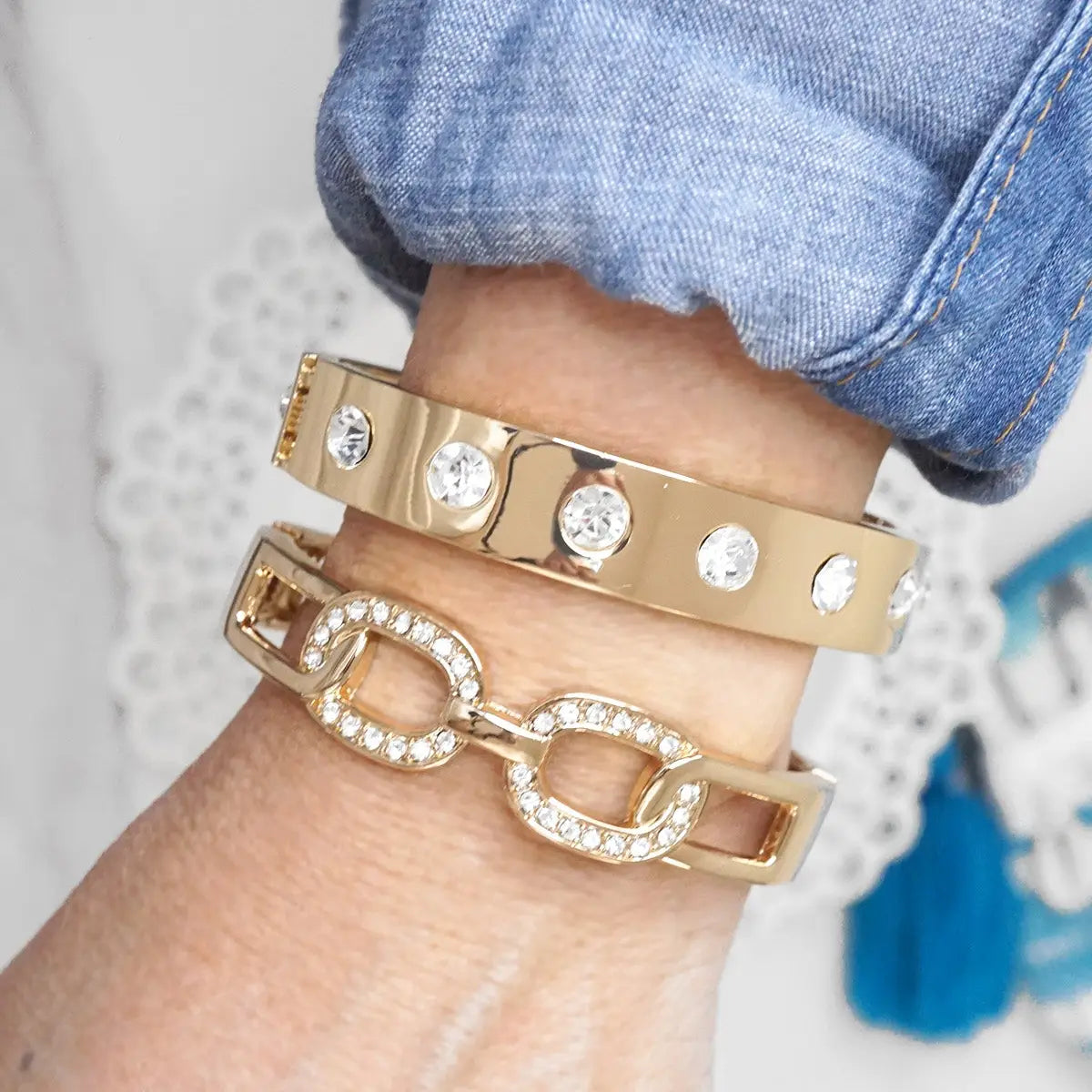 Gold Hinge Bracelet & Crystal/Gold Bangle